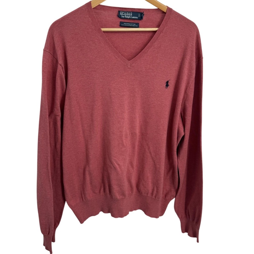 Polo Ralph Lauren Mens V-Neck Sweater XL Red Pima Cotton Preppy Luxury Classic